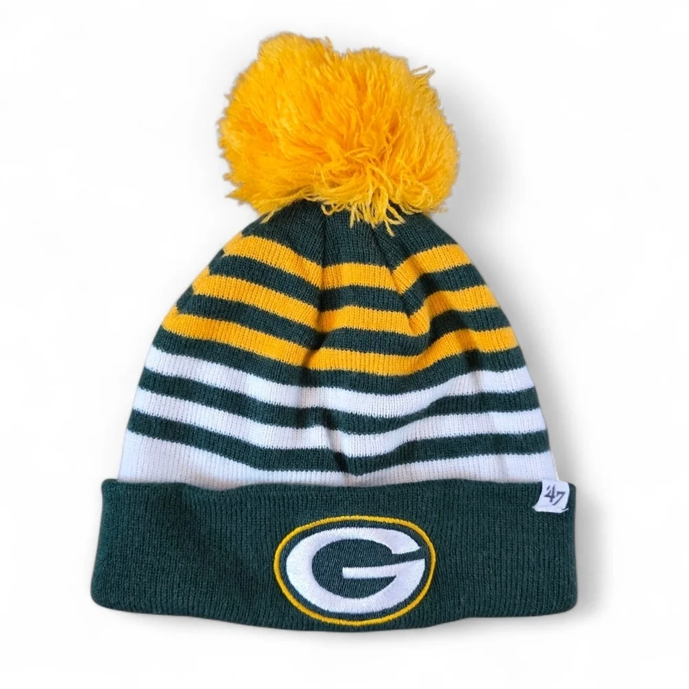 🏈 ’47 Brand NFL Kids Green Bay Packers Logo Striped Pom Pom Beanie 🏈